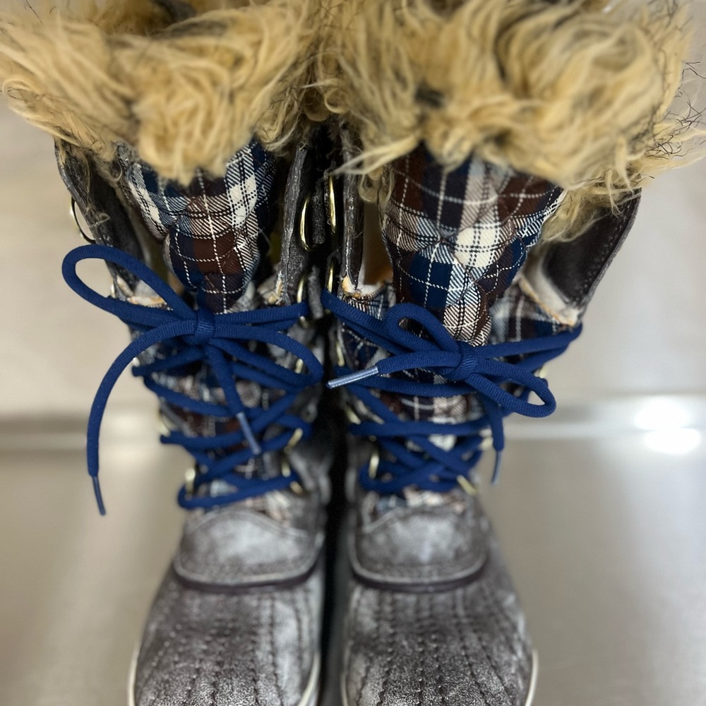 Sorel Kids Plaid Winter Boots with Faux-Fur Trim - Blue & Brown
